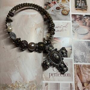 Treska Ornate Beaded Metal Cross Pendant Choker Necklace OS